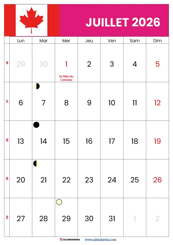 Calendrier Juillet 2026 Québec Fête du Canada 1er juillet imprimable gratuit