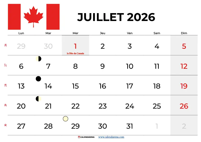 Calendrier Juillet 2026 Québec gratuit à imprimer en PDF et PNG