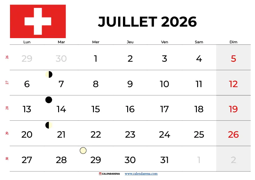 Calendrier Juillet 2026 Suisse gratuit à télécharger en PDF et PNG