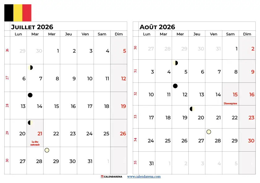 Calendrier Juillet Août 2026 à imprimer gratuit format A4 Belgique téléchargement PDF instantané