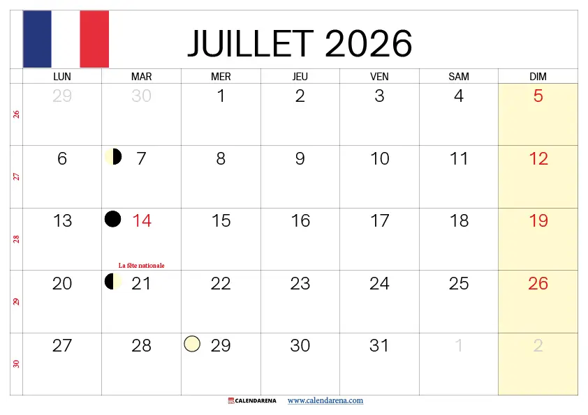 Calendrier juillet 2026 à imprimer gratuit format A4 – Téléchargement PDF haute résolution