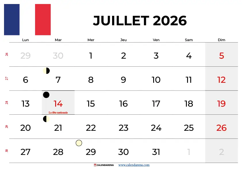Calendrier juillet 2026 à imprimer gratuit – Modèle PDF et PNG à télécharger instantanément