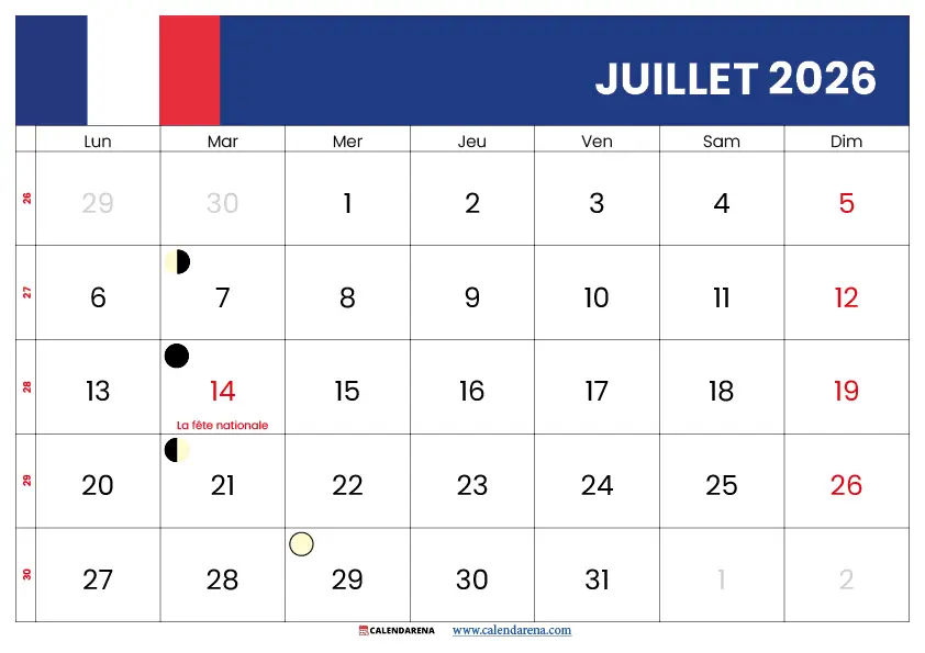 Calendrier juillet 2026 avec numéros de semaine à imprimer – Format A4 gratuit et imprimable