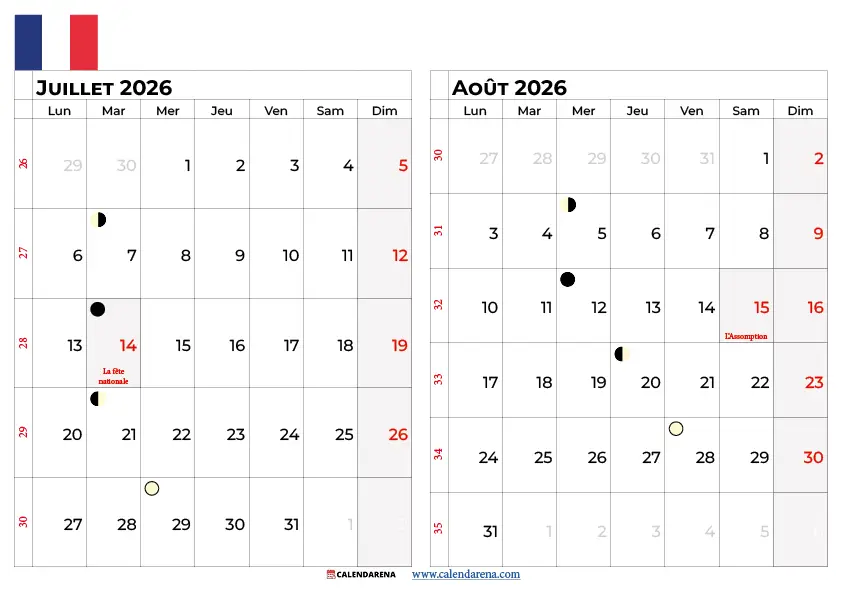 Calendrier juillet août 2026 à imprimer gratuit format A4 – PDF téléchargeable paysage et portrait