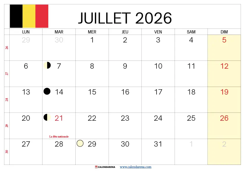 Calendrier mois de juillet 2026 complet avec jours fériés belges à imprimer gratuitement