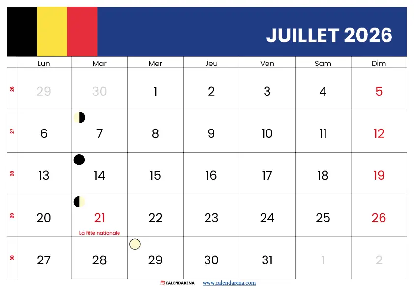 Calendrier Juillet Août 2026 à imprimer gratuit format A4 Belgique PDF et PNG