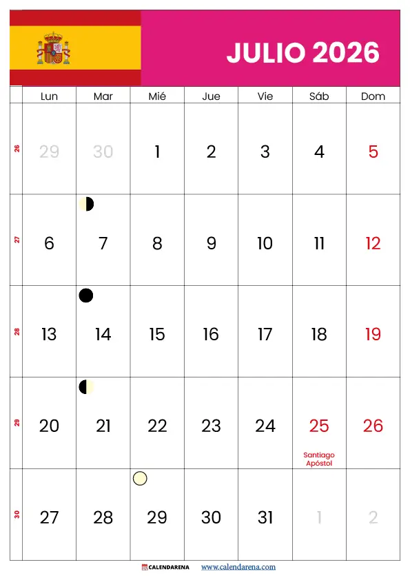 Cuántas semanas tiene julio 2026 calendario semanal España imprimible gratis