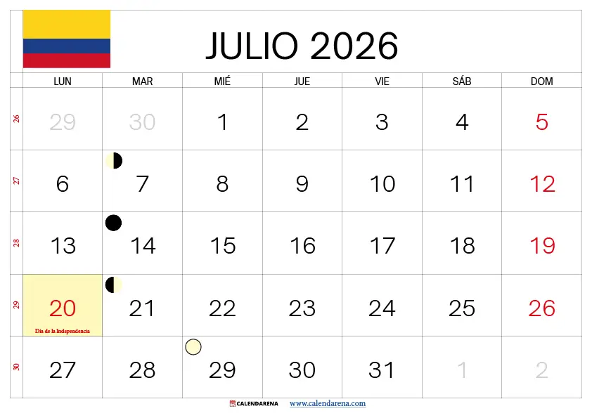 Festivos de Julio 2026 en Colombia – Calendario Imprimible Gratis con Todos los Días Festivos