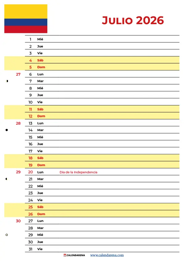 Calendario de Julio 2026 con Festivos Colombia – Descarga Gratis en PDF y PNG