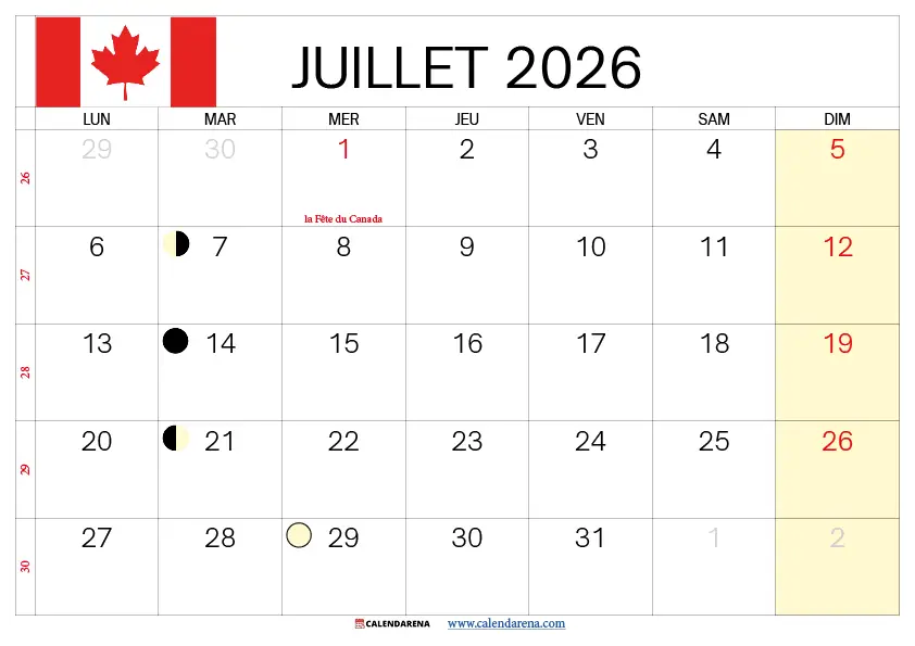 Juillet 2026 Calendrier Québec téléchargeable gratuitement format portrait