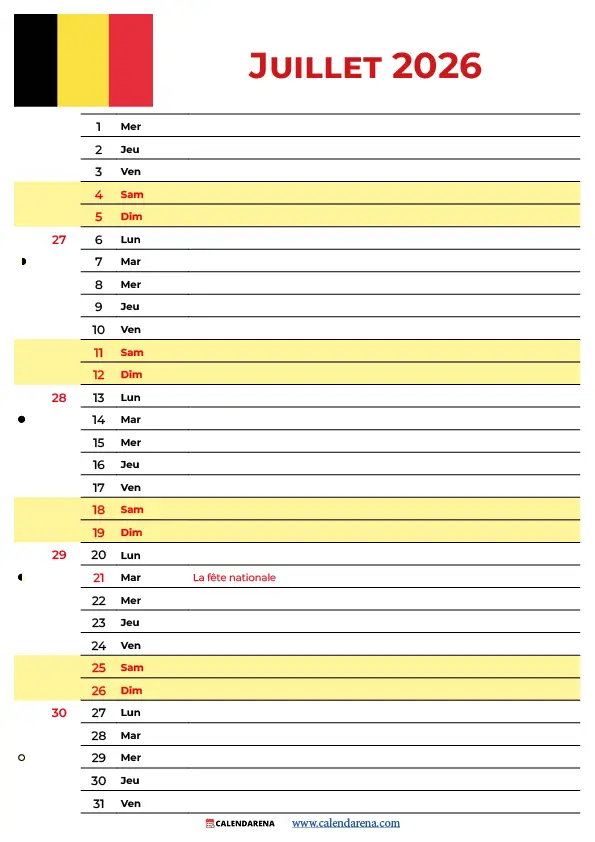 Juillet 2026 Belgique Fête nationale 21 juillet calendrier officiel gratuit imprimable