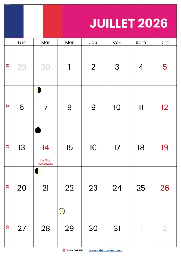 Juillet 2026 calendrier mensuel imprimable gratuit – PDF et PNG à télécharger en format A4