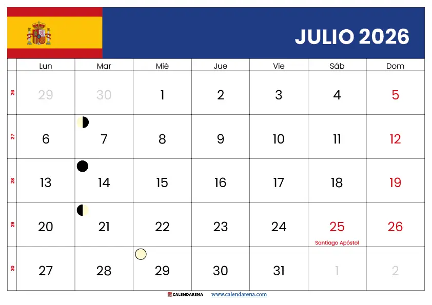 Julio 2026 España calendario mensual descargable con festivos autonómicos