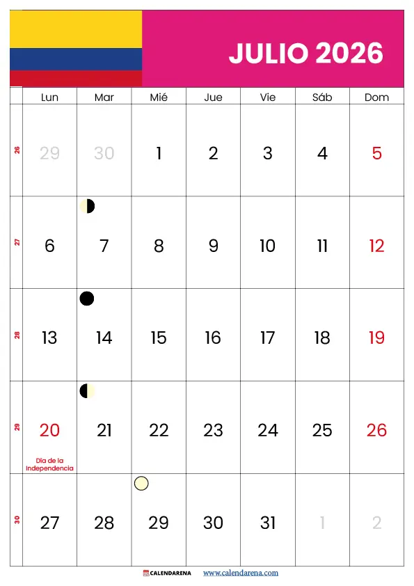 Festivos en Julio 2026 Colombia – Calendario Oficial Imprimible, Gratis en Alta Resolución