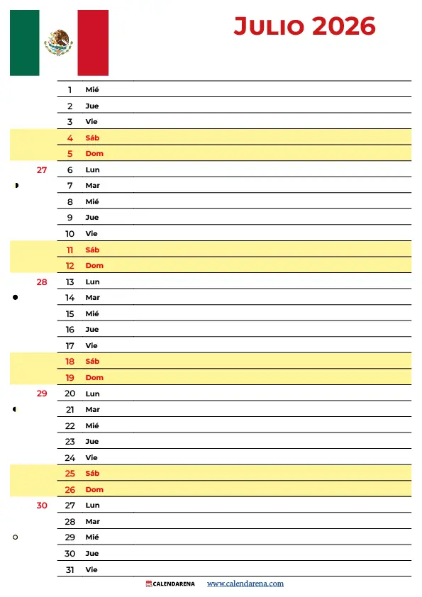 Julio Calendario 2026 Para Imprimir Mexico imprimible gratuito formato horizontal y vertical