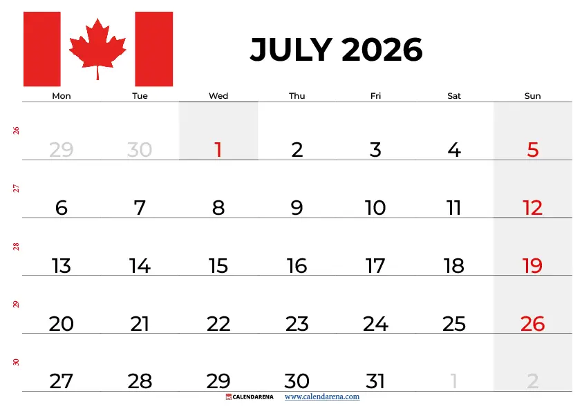 July 2026 Calendar Canada With Holidays