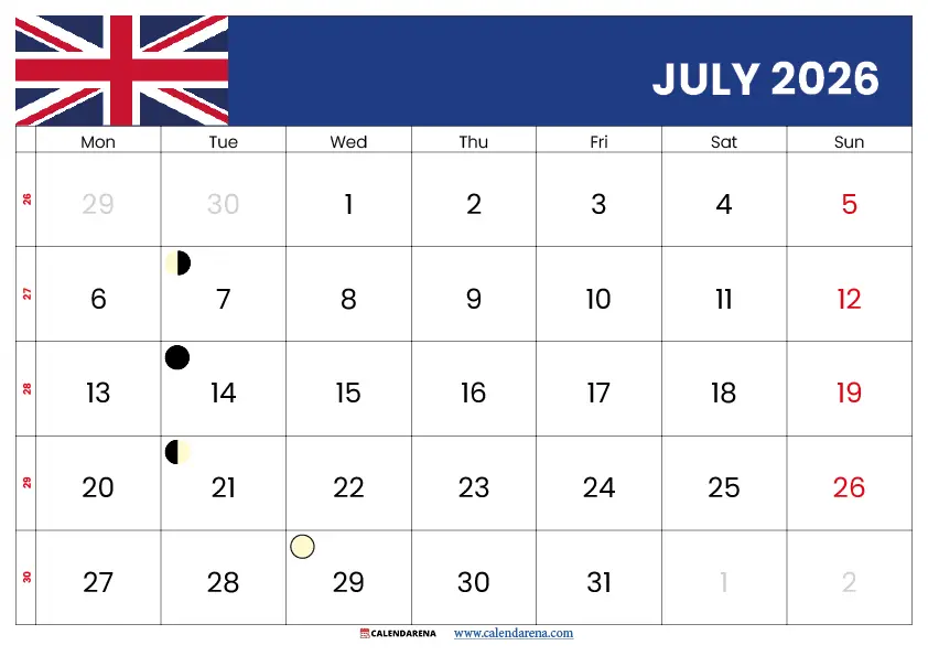 July 2026 Calendar Printable Uk
