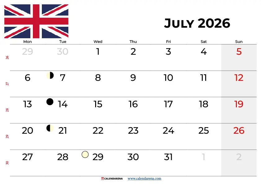 July 2026 Calendar Uk