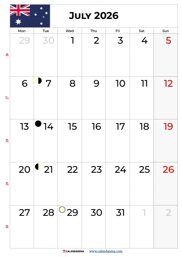 July 2026 Calendar With Holidays Australia