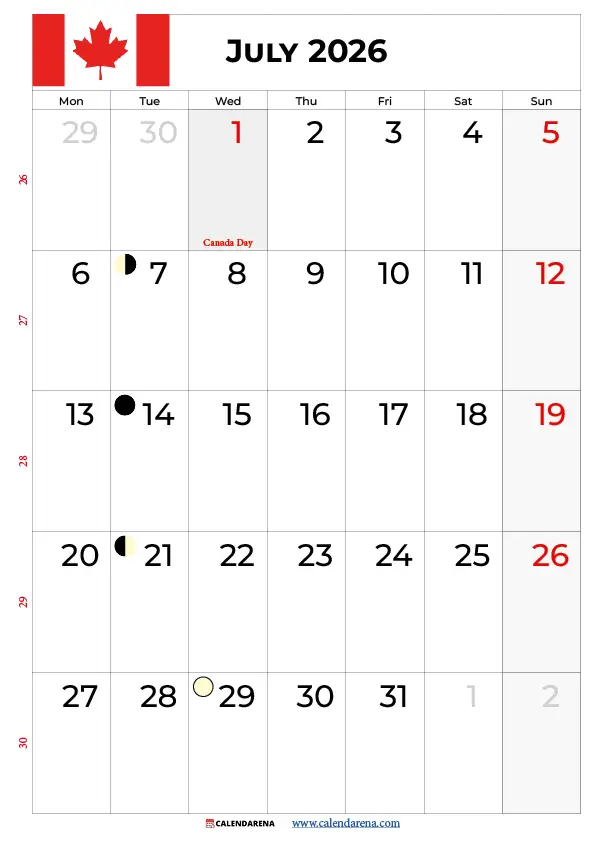 July 2026 Calendar With Holidays Canada