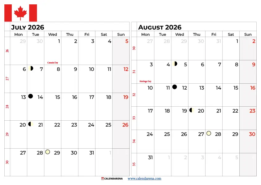 July And August 2026 Calendar With Holidays Canada