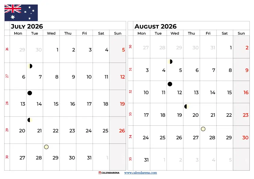 July August 2026 Calendar Australia