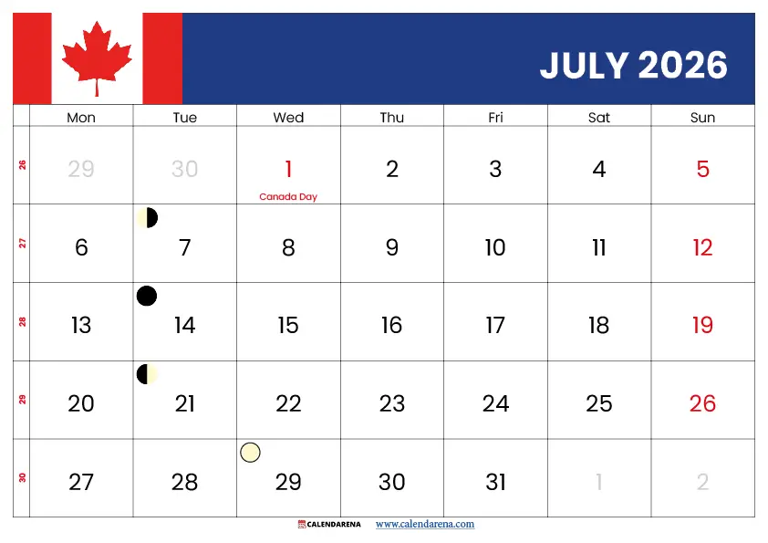 July Calendar 2026 Canada