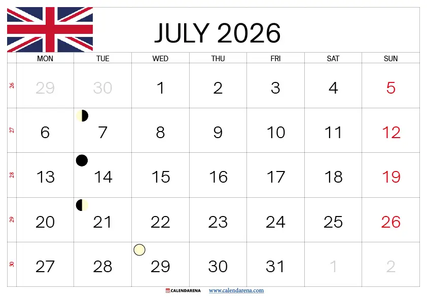 July Calendar 2026 Uk