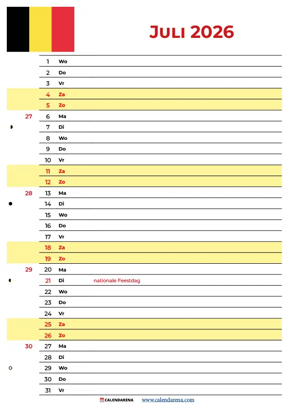 Juli 2026 kalender België – gratis afdrukbare maandkalender met feestdagen, PDF en PNG te downloaden