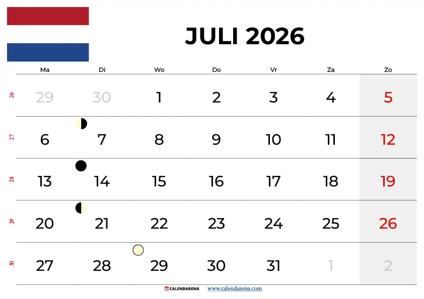 Kalender Juli 2026 Met Weeknummers Nederland – Gratis Printable PDF Download