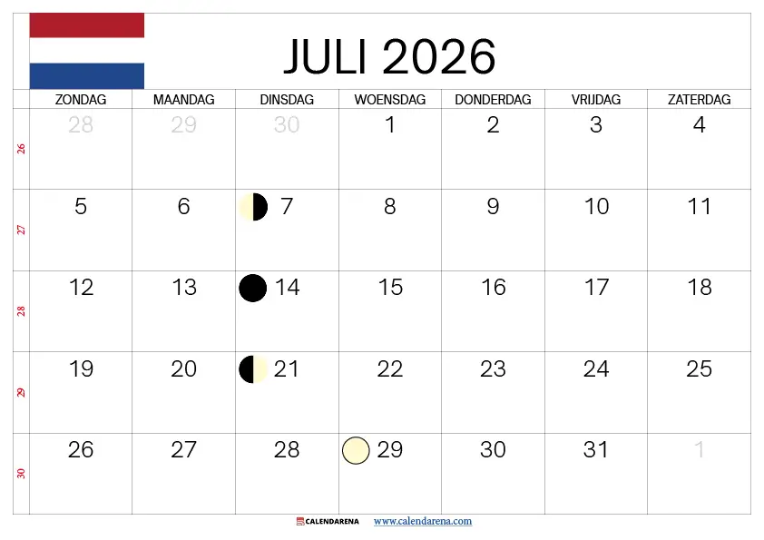 Kalender Juli 2026 PDF Nederland – Gratis Afdrukbare A4 Landscape Template