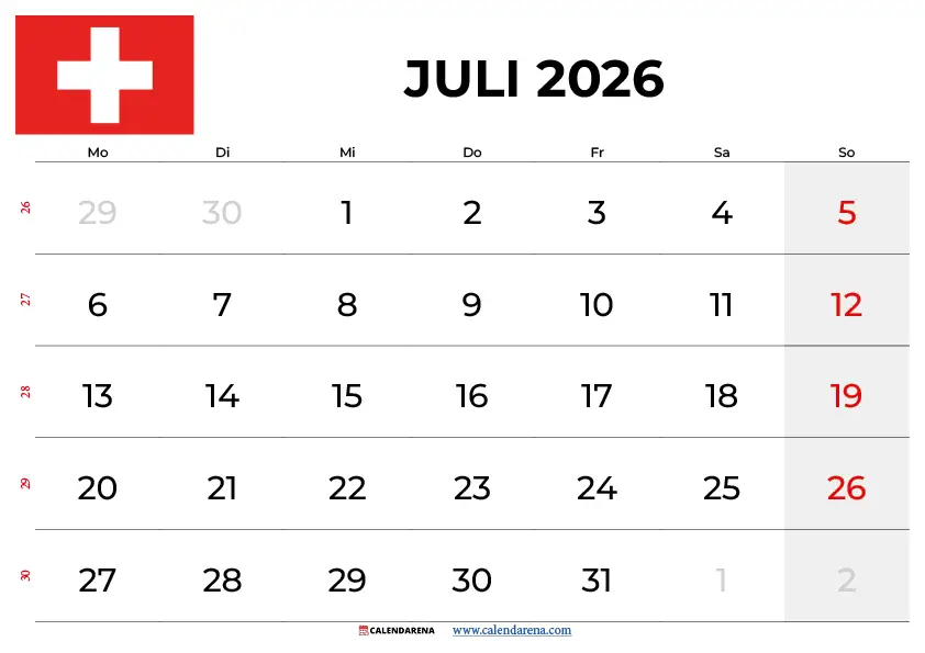 Kalender Juli 2026 Schweiz – kostenloser Download als PDF und PNG zum Ausdrucken