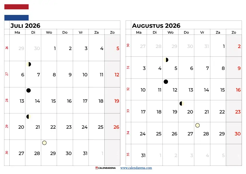Kalender Juli Augustus 2026 Nederland – Gratis Printable Zomerkalender PDF Download