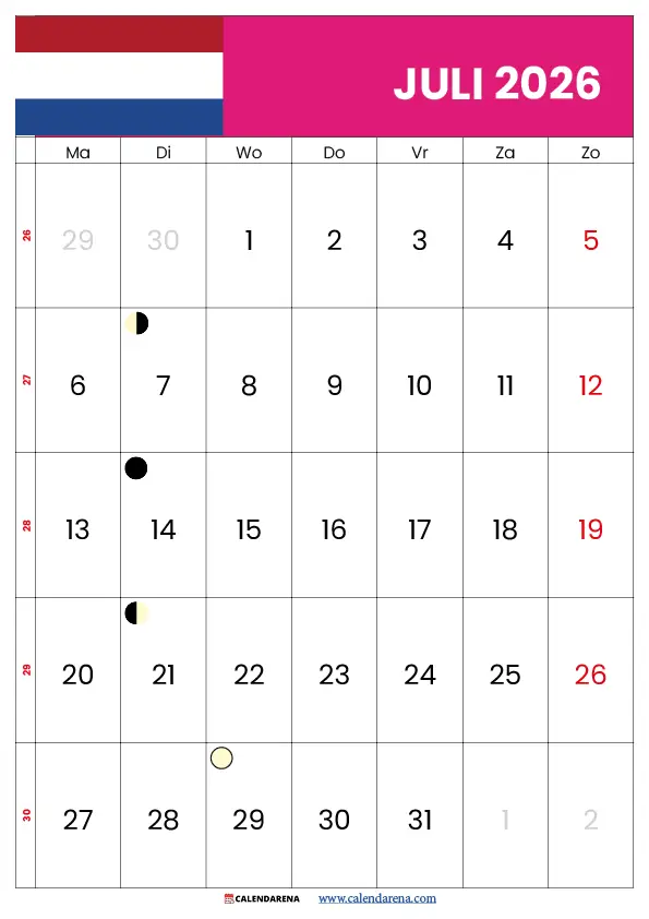 Kalender Maand Juli 2026 Nederland – Gratis Blanco Printable Template PDF Download