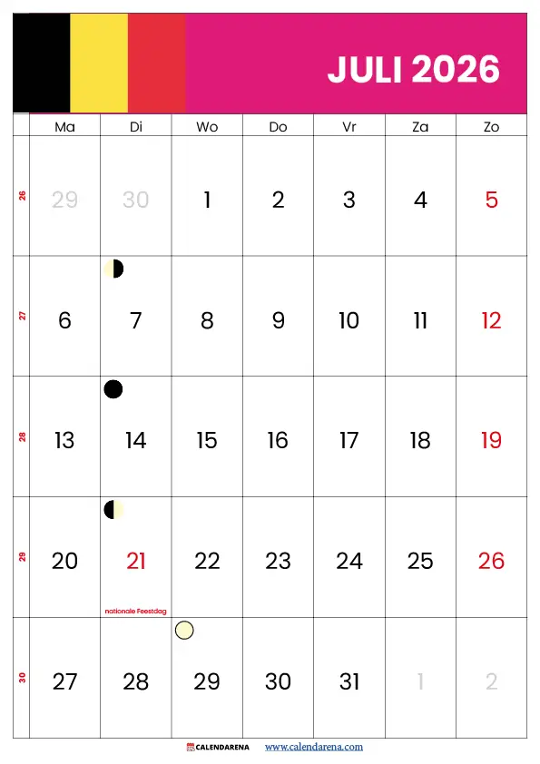 Kalender 2026 juli België – gratis te downloaden en afdrukken als PDF of PNG, met feestdagen