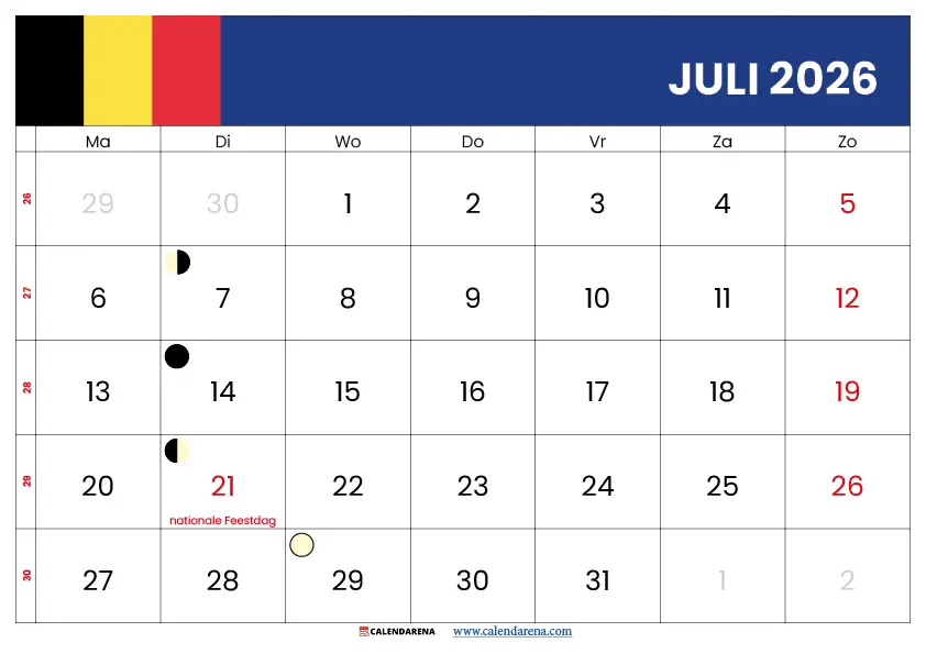 Kalender juli 2026 met weeknummers België – gratis printable PDF met ISO-weeknummers en feestdagen