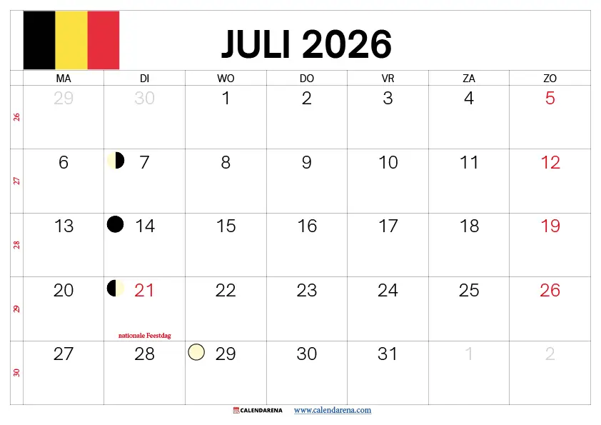 Kalender juli augustus 2026 afdrukken België – gratis downloaden als PDF, afdrukbaar zomeroverzicht