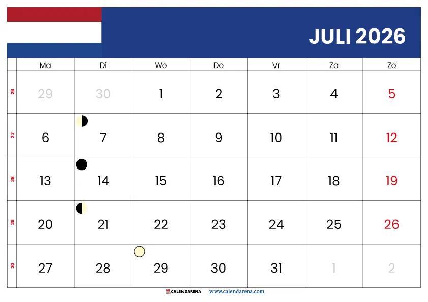 Maandkalender Juli 2026 Nederland – Gratis Printable Met Weeknummers En Feestdagen