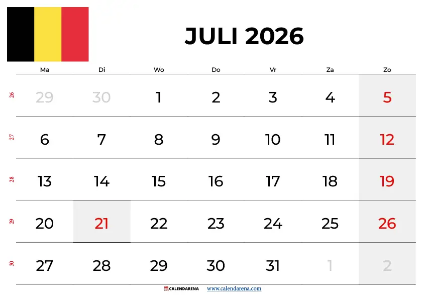 Maandkalender juli 2026 afdrukken België – gratis PDF en PNG, afdrukbaar in liggend en staand formaa