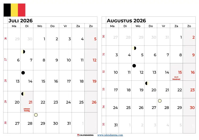Maandkalender juli en augustus 2026 België – gratis printable zomerkalender PDF, liggend formaat