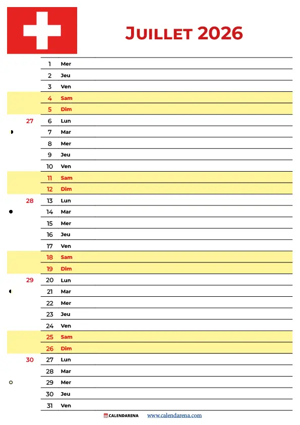 Juillet 2026 Calendrier Suisse avec festivals et événements à imprimer