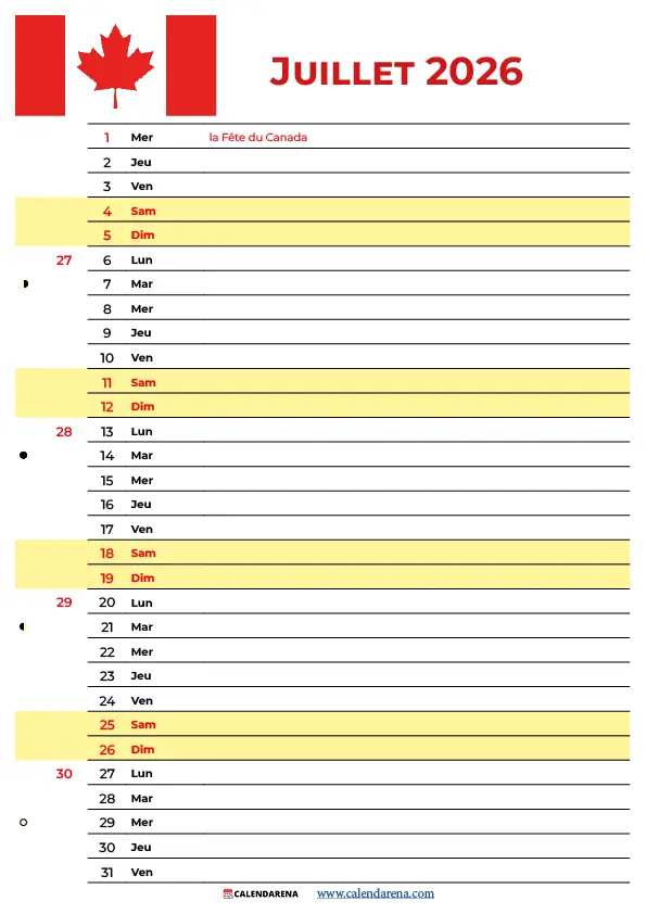Calendrier Juillet 2026 Avec Semaine Québec imprimable gratuit PDF
