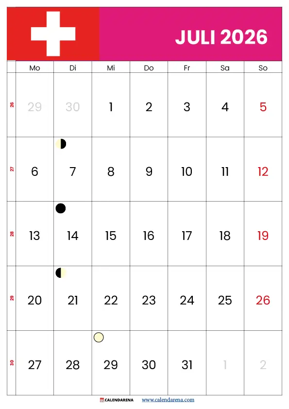 Mondphasen Juli 2026 Schweiz – kostenloser Mondkalender als PDF druckbar herunterladen