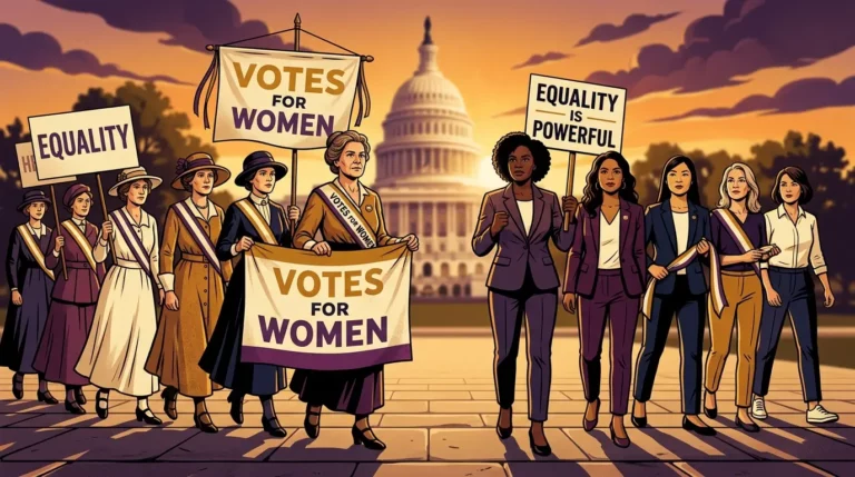 Women's Equality Day illustration showing diverse women suffragettes and modern women standing together, United States Capitol, August 26