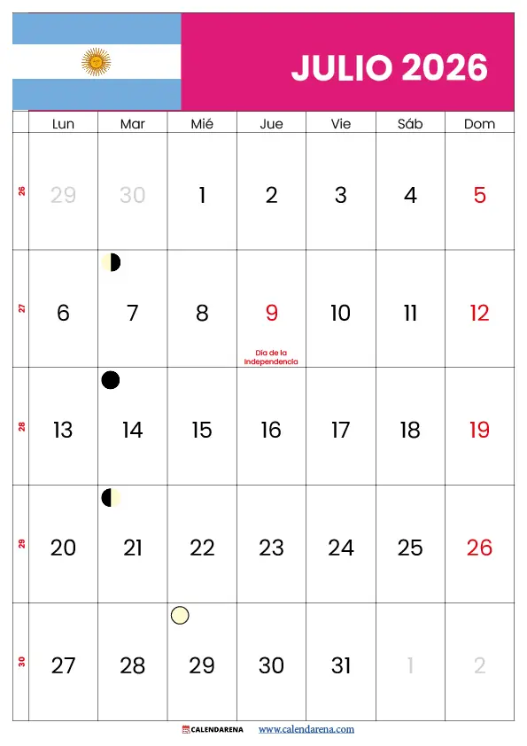 calendario de julio 2026 para imprimir argentina tamaño A4 gratis PDF descargable
