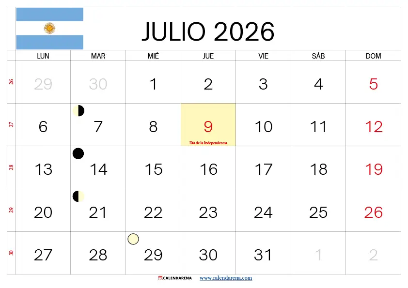 Calendario Julio 2026 Argentina Para Imprimir Gratis