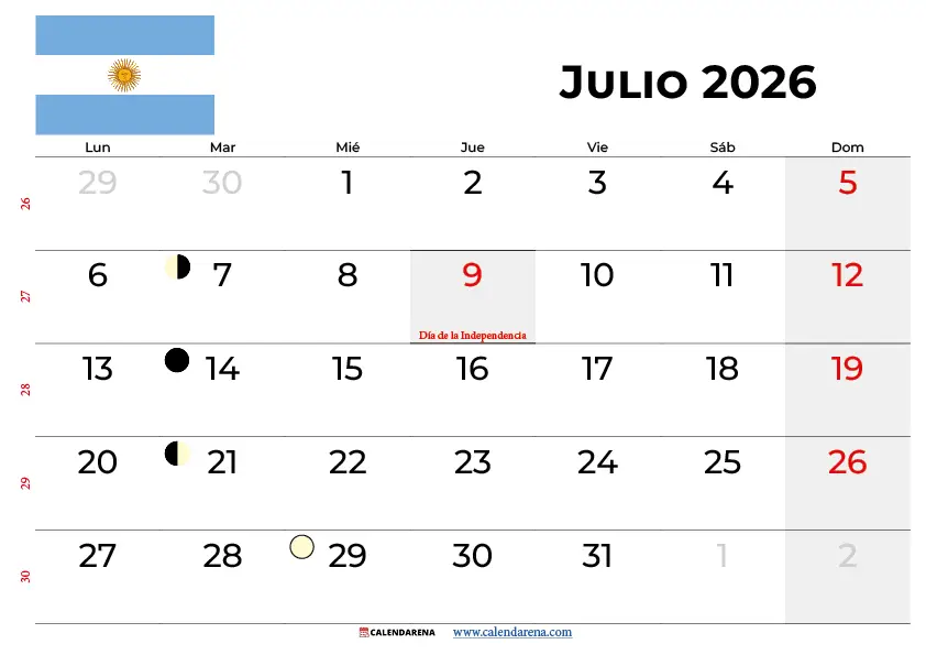 calendario julio 2026 argentina para imprimir gratis en PDF y PNG