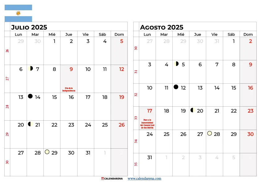 calendario julio agosto 2026 argentina para imprimir gratis PDF bimestral descargable