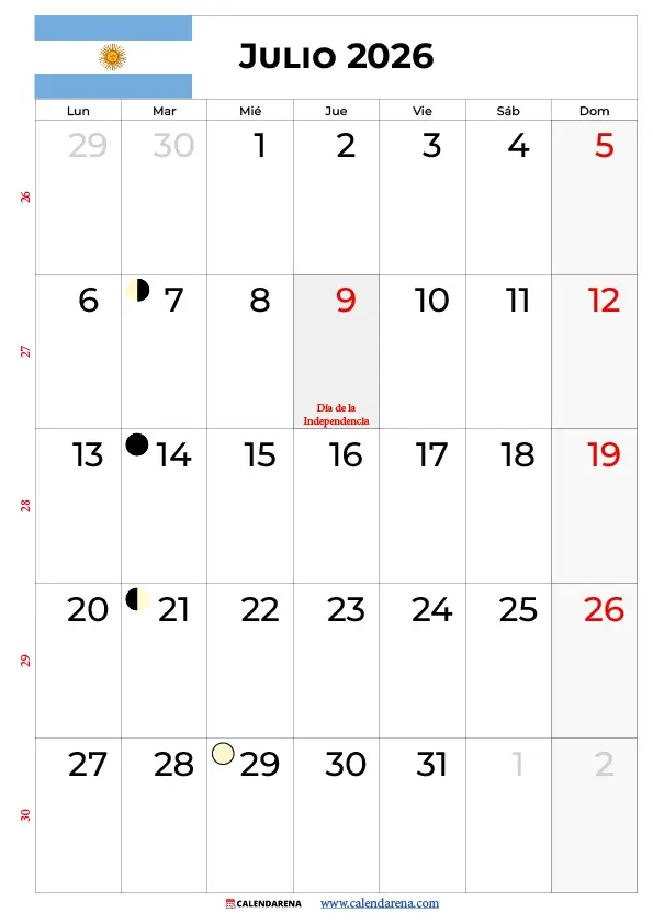 julio 2026 calendario argentina formato horizontal imprimible gratis descarga PDF