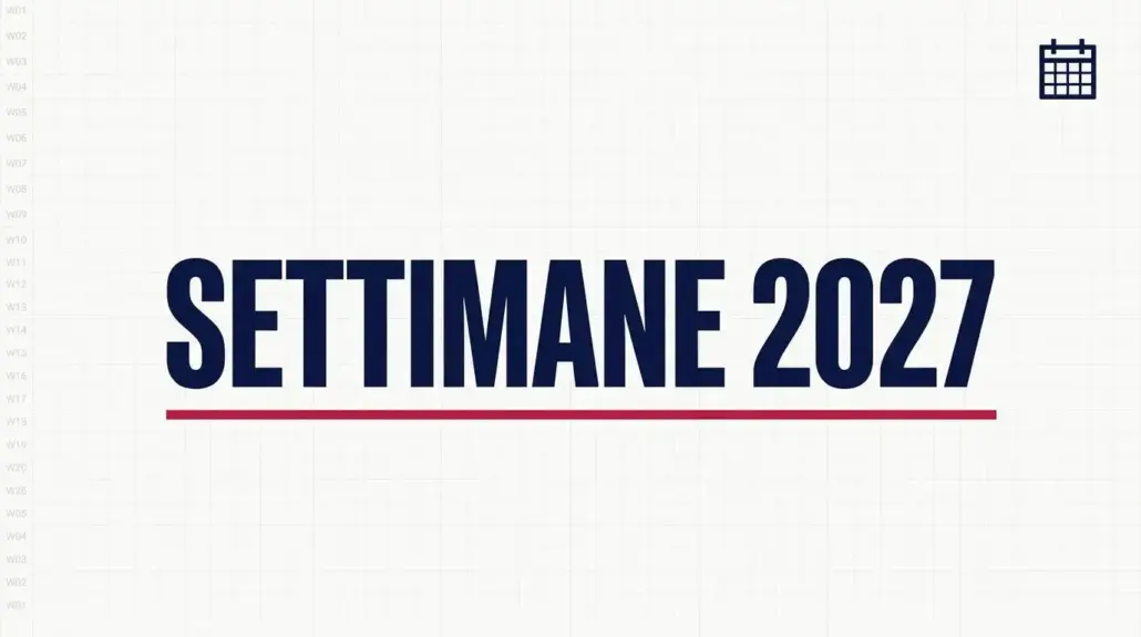 Copertina con la scritta Settimane 2027 al centro e numeri di settimana ISO su sfondo calendario